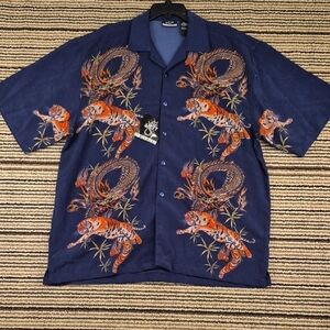 JET Streetwear Dark Navy Orange‎ Tigers Dragons Poly Sz L Mens Shirt Y2K VTG NEW